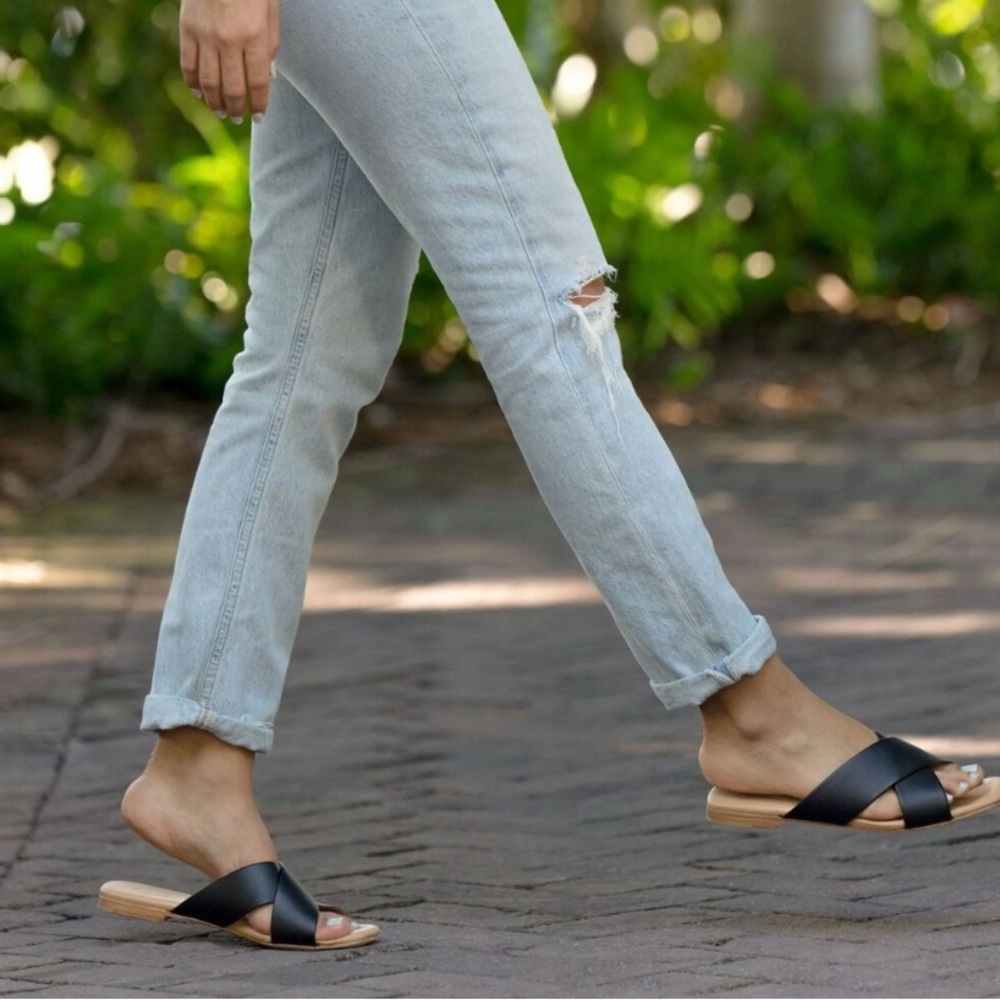 Nisolo Black Catalina Leather Slide Sandal Crossover 8